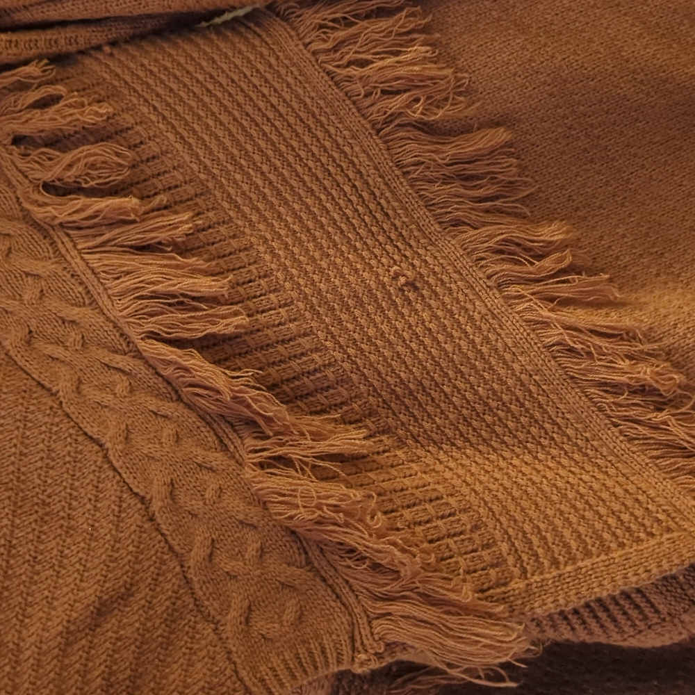 Kori America Rust Orange Blanket Cardigan with Fringe & Cable Knit - Picture 5 of 5